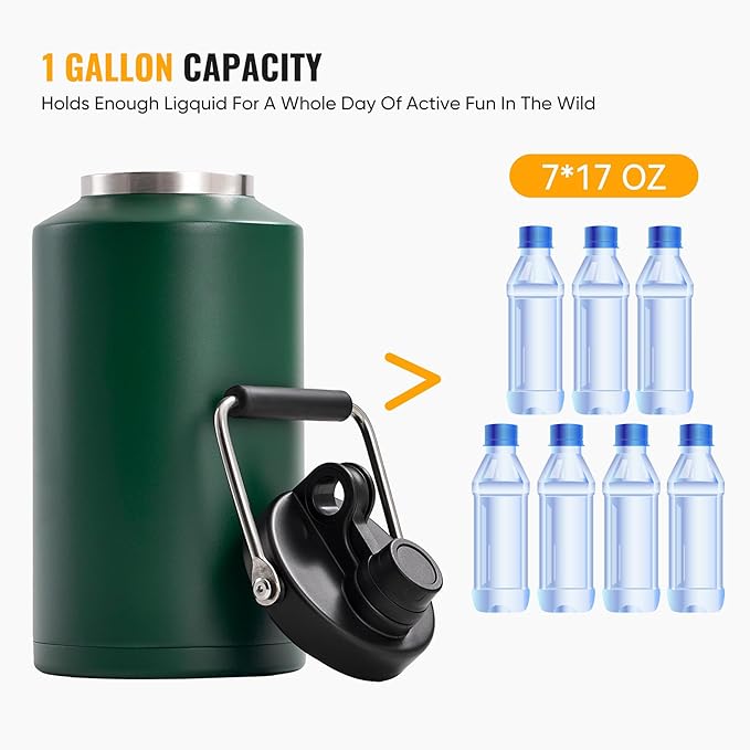 Insulated Gallon Jug with Handle, One Gallon, 128oz Stainless Steel, Large