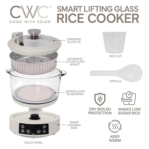 COOK WITH COLOR 3L Glass Mini Low Carb Rice Cooker – Holds 2 Cups Raw/Makes 6