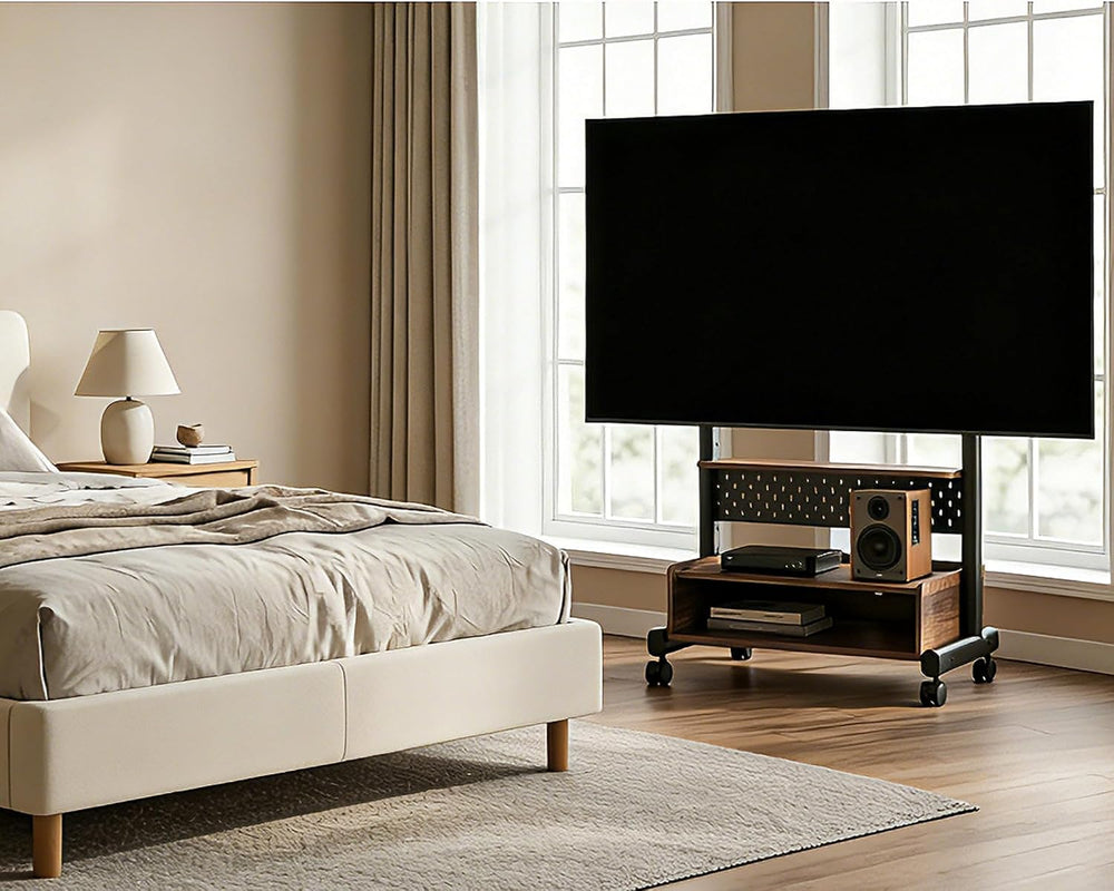 FITUEYES Rolling TV Floor Stand for 40-85in TVs, Height-Adjustable, Walnut