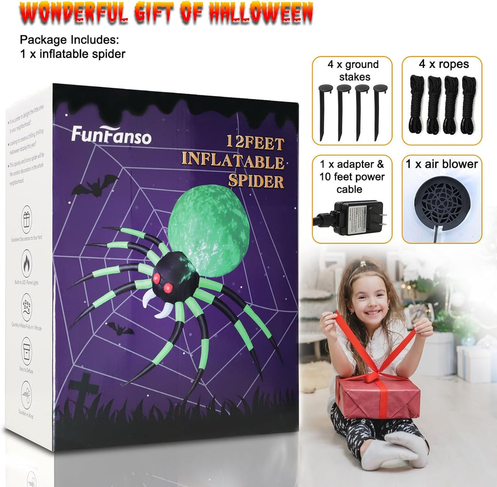 12 FT Halloween Inflatables Spider Outdoor Decorations, Giant Blow Up Spider with Flame Lights & Red Glowing Eyes, Large Crawling Green Spider Props for Halloween Party Yard Garden Lawn Roof Decor