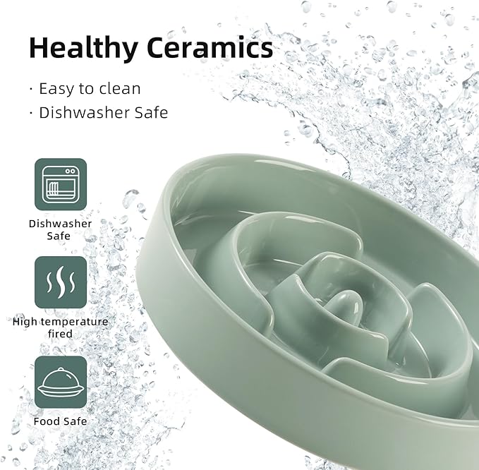 Ceramic Raised Slow Feeder Dog Bowl Set, Elevated 7.3inch Bowl and 8.2inch