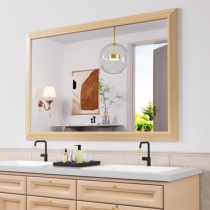 Amorho Bathroom Mirror for Wall, 48X32 Inch Oak Wood Grain Metal Framed Mirror
