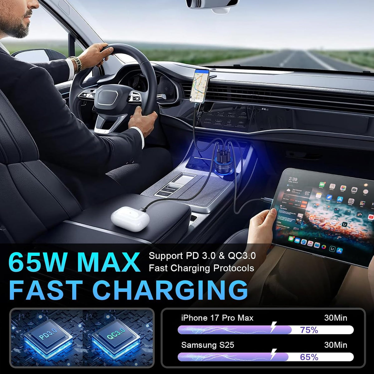 car charger, ancekoy 65w 4-port car charger adapter shown in use