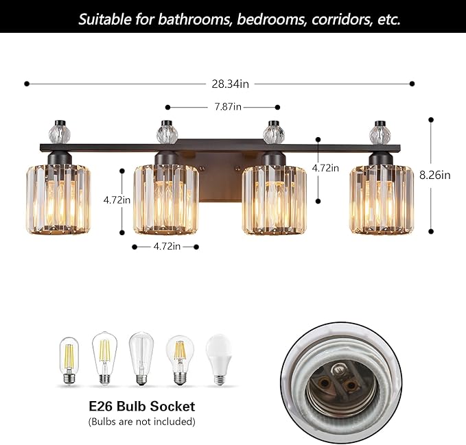 FDPBY Bathroom Vanity Lights 4-Light Sand Black Modern Crystal Vanity Light