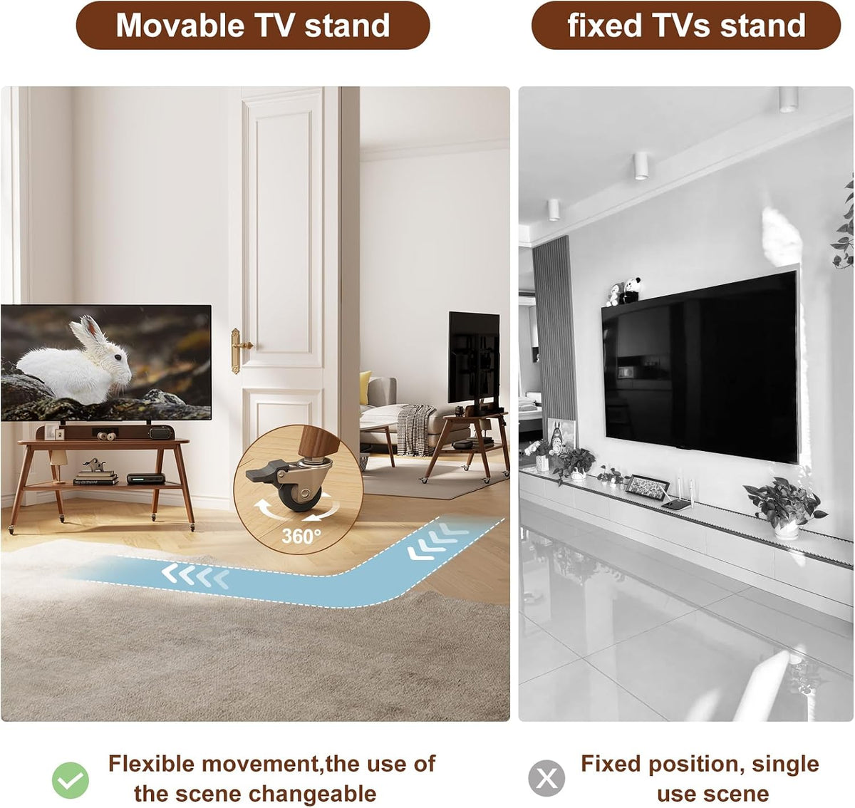 Solid Wood Rolling TV Stand with Power Outlet, Mobile TV Stand