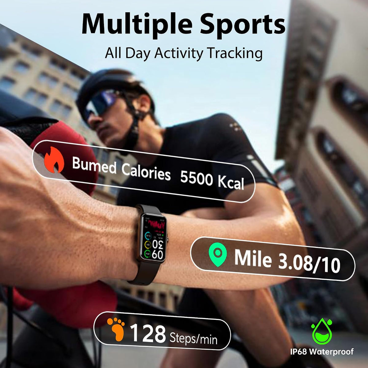 fitness tracker with 24/7 continuous heart rate, blood showing dimensions