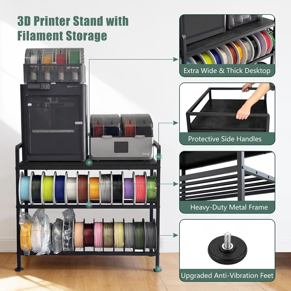 3D Printer Stand with Filament Storage Vibration Elimination Black