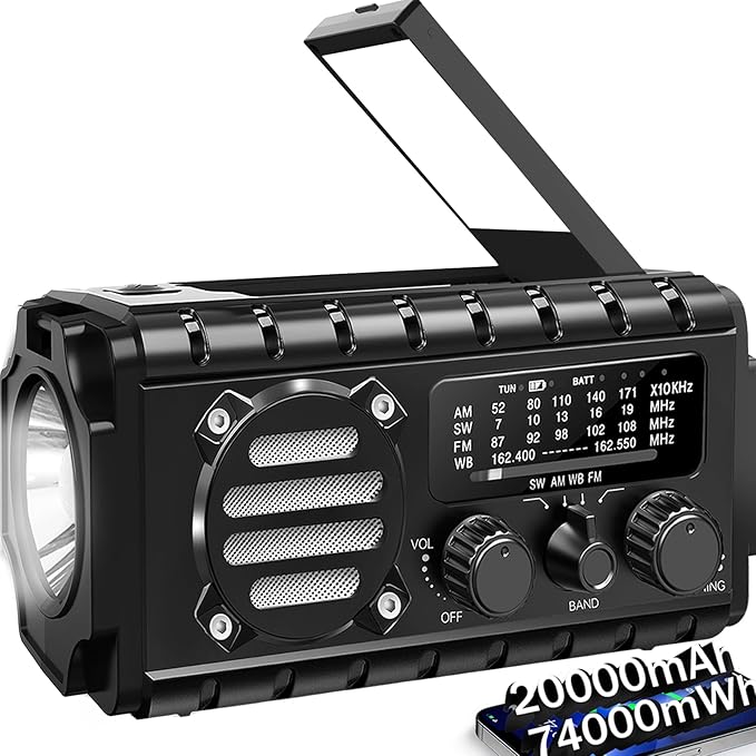 20000mah Hand Crank Emergency Radio, SW/NOAA/AM/FM Weather Radio, Solar Powered