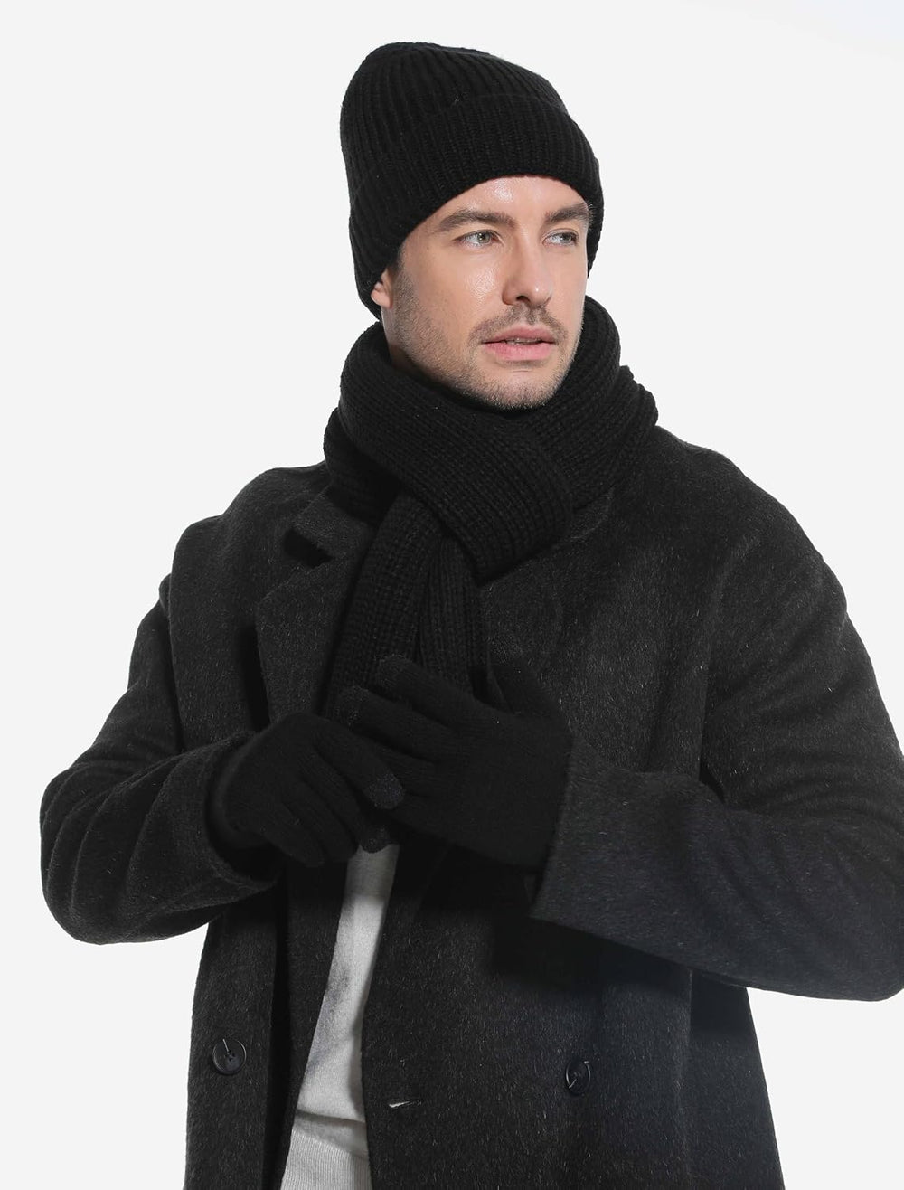 Mens Winter Beanie Hat Touchscreen Gloves Long Scarf 3 Set with Warm Fleece L...