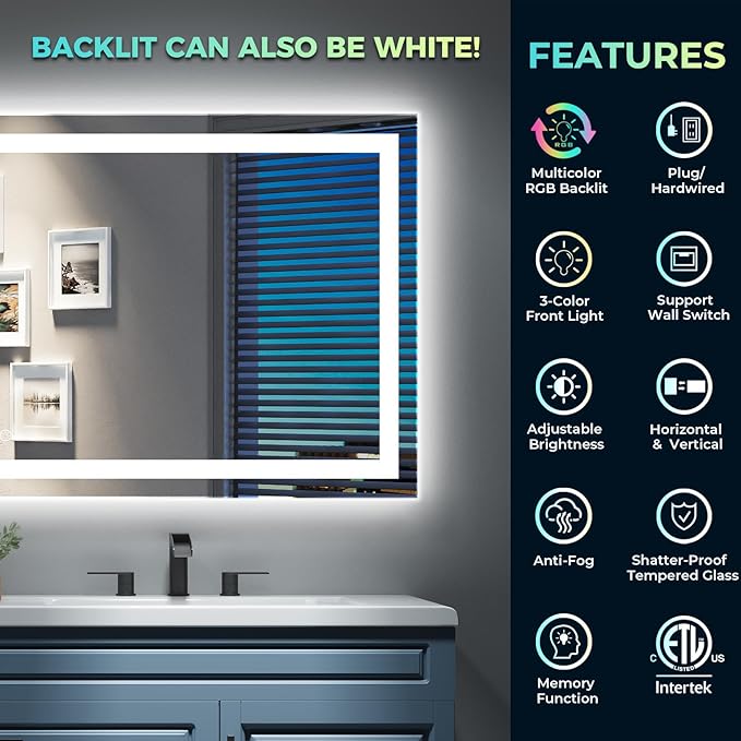 YEELAIT 40x36 Inch RGB LED Bathroom Mirror Front Light and RGB Backlit Lighted