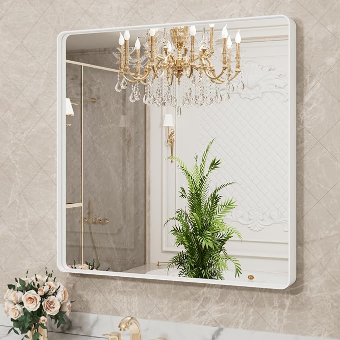 LOAAO 30x30 Inch White Metal Framed Bathroom Mirror