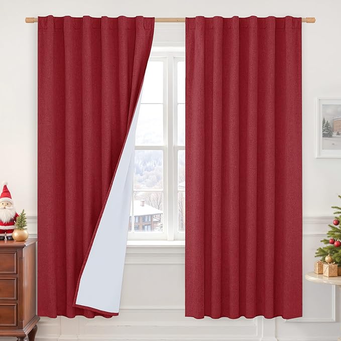 LAMIT 100% Blackout Linen Curtains, 72 Inches Linen Textured Thermal Bedroom