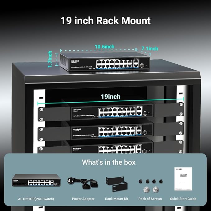 16 Port PoE Switch Unmanaged, 16 Port PoE+@250W, 2 Gigabit Uplink Ports