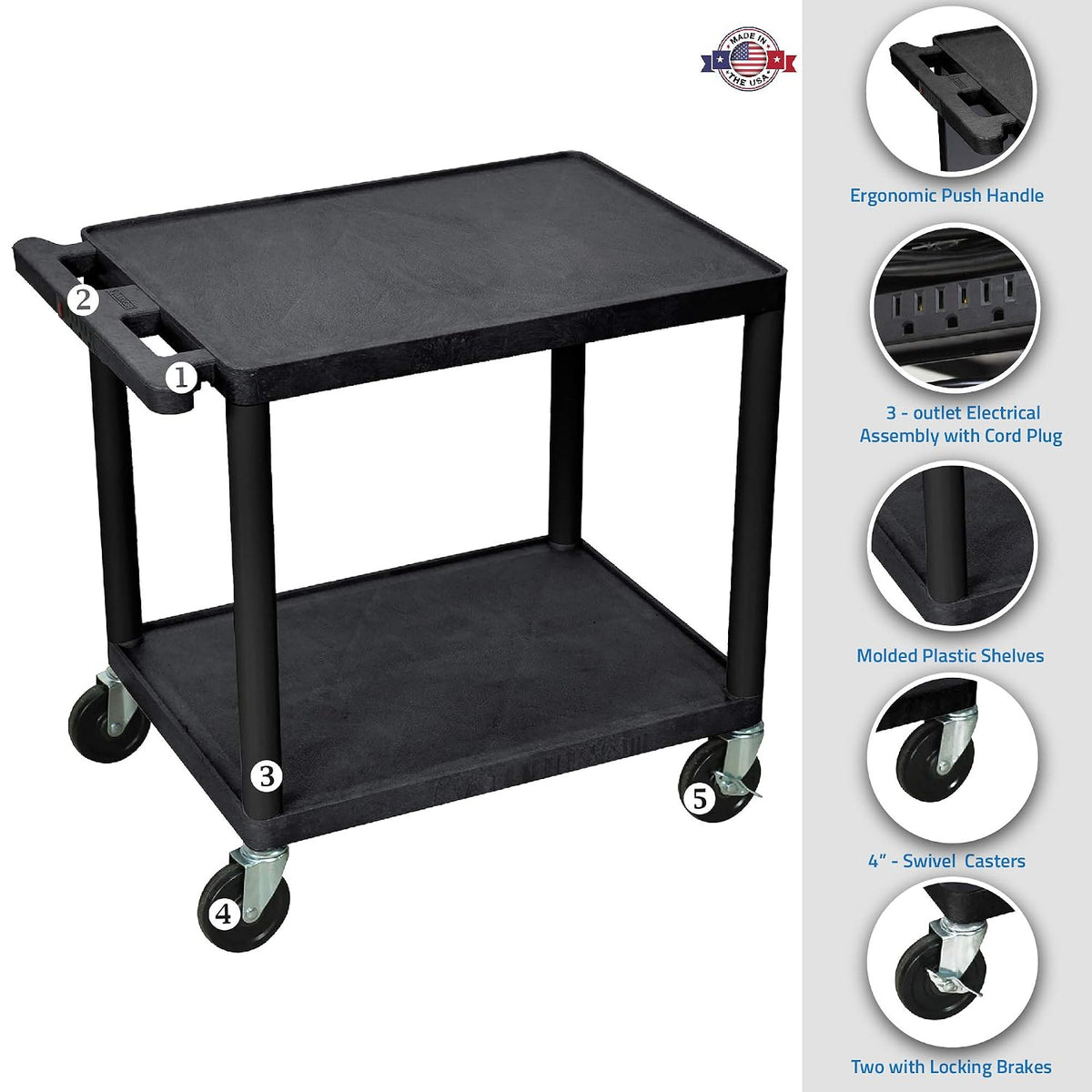 luxor 26" h black 2 shelf a/v multipurpose, close-up detail