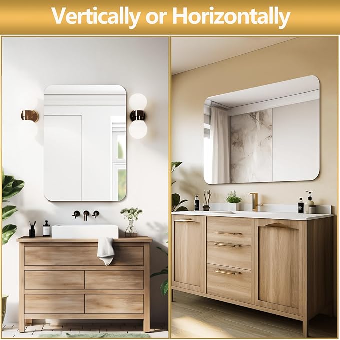 Mirrorons 40 x 30 Bathroom Mirror, Rounded Corner Frameless Mirror, Modern