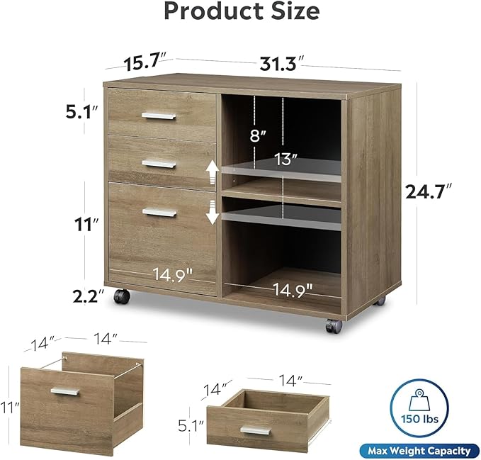 DEVAISE 3 Drawer Mobile File Cabinet, Wood Lateral Filing Cabinet, Printer Stand