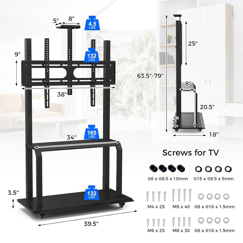 Goplus Mobile TV Stand, Rolling TV Cart with Camera Shelf & AV Shelves, Adjustable Media Console Cart for 32”-80” Flat/Curved TVs up to 132 lbs, Max VESA 900 X 600 mm, TV Mounting Screws Included