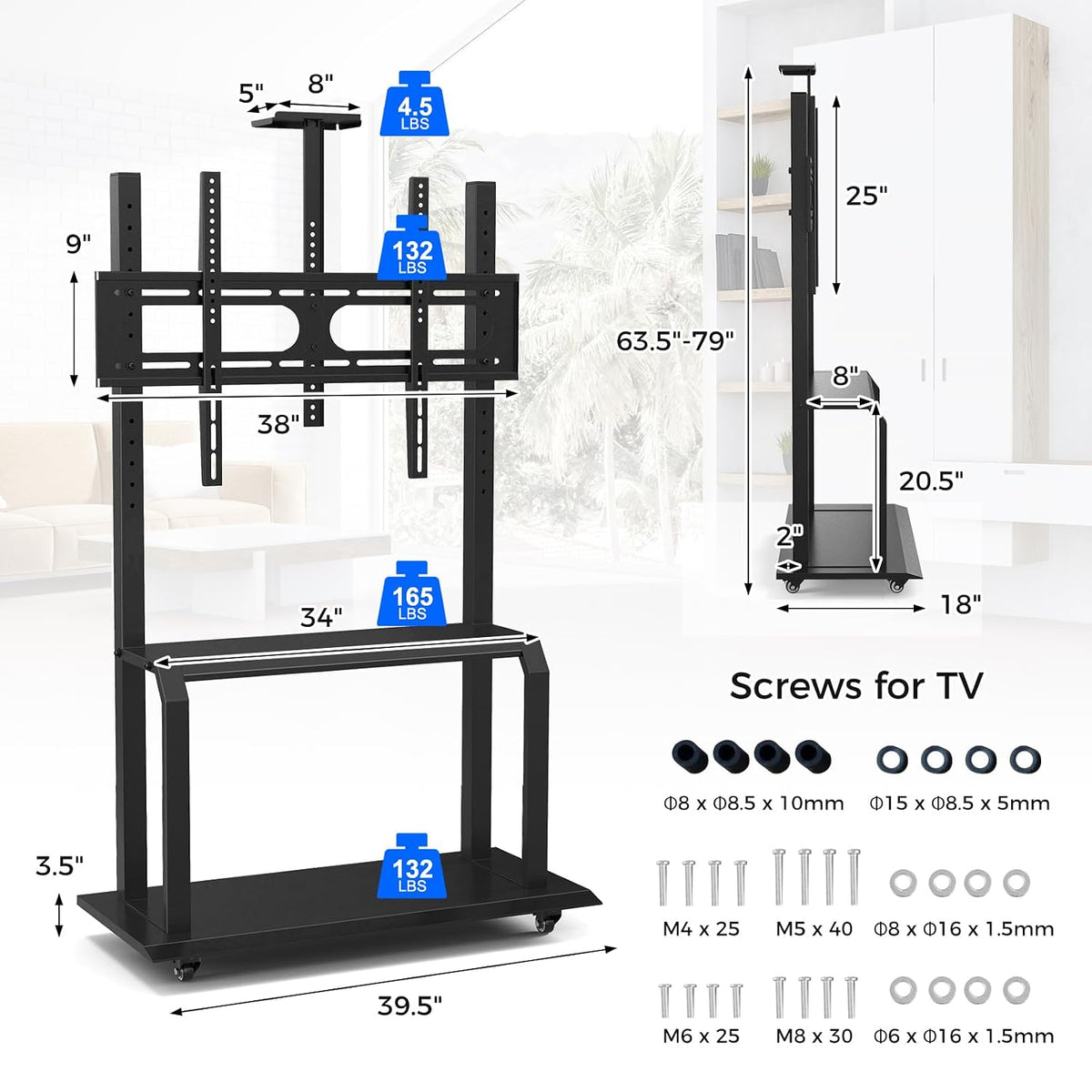 Goplus Mobile TV Stand, Rolling TV Cart with Camera Shelf & AV Shelves, Adjustable Media Console Cart for 32”-80” Flat/Curved TVs up to 132 lbs, Max VESA 900 X 600 mm, TV Mounting Screws Included
