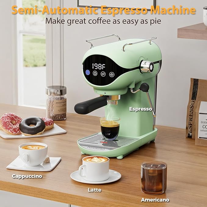Espresso Machine with Steam Milk Frother Semi Automatic 20 Bar Compact Green