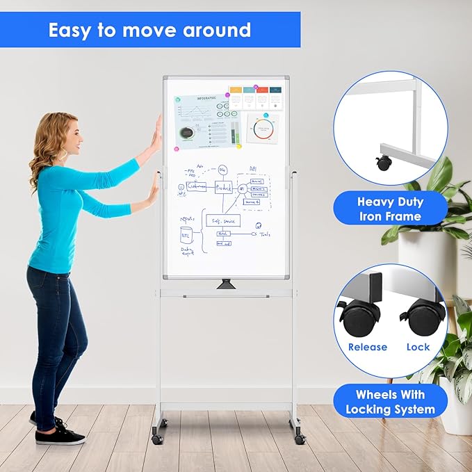 Magnetic Mobile White Board, 48 x 24 Double Sided Dry Erase Board Rolling