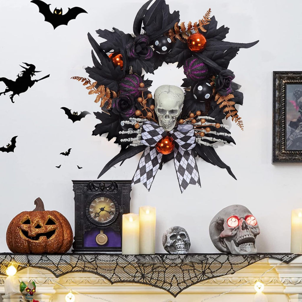 Halloween Wreath for Front Door Halloween Skeleton Decorations, 20 Inch Pumpkin Wreath with Skull Black Roses Maple Leaves for Window Indoor Outside Home Party Decor