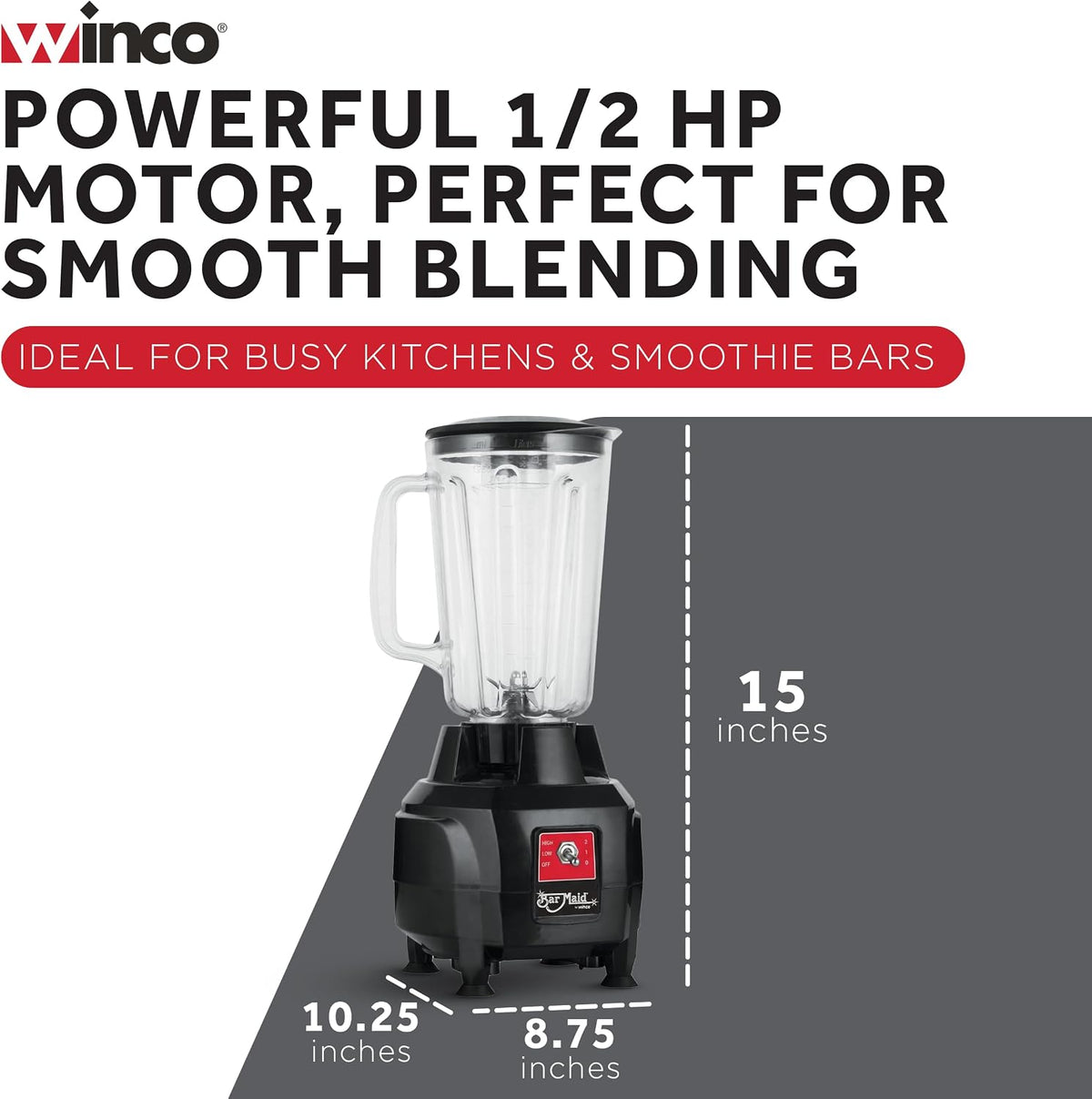 winco 44 ounce commercial blender on a desk or shelf