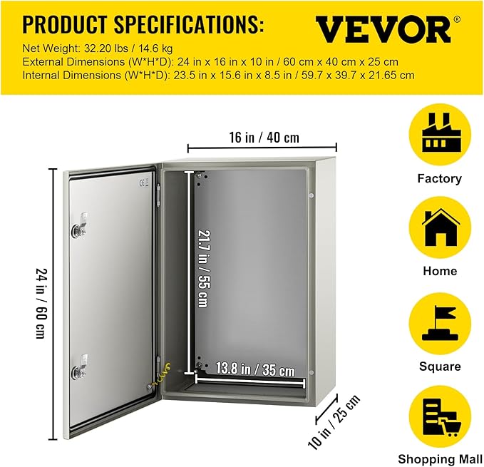 VEVOR NEMA Steel Enclosure, IP66 Waterproof & Dustproof, Outdoor/Indoor