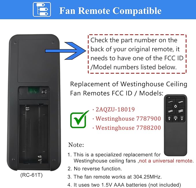 Replacement Remote for Westinghouse Ceiling Fan Remote 7787900 7788200