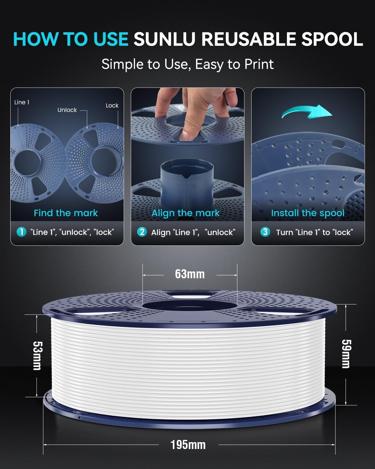 sunlu high speed petg filament 1.75mm, black, 4kg, front angle view