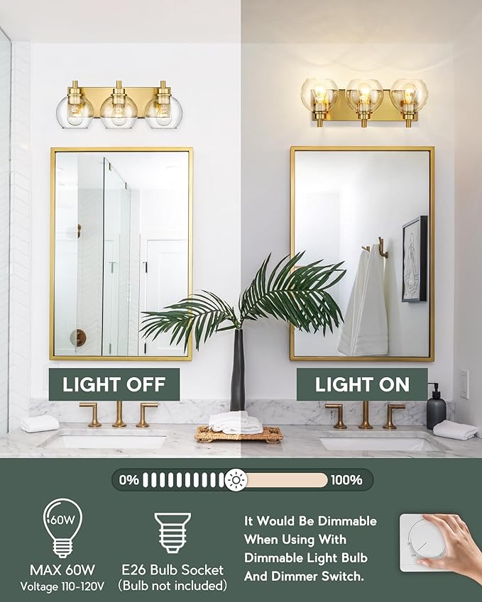 METWET Bathroom Light Fixtures, 3-Light Brushed Gold Vanity Light, Modern Wall