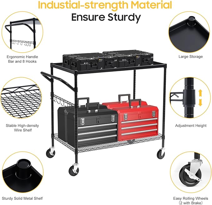 WDT 2-Tier Utility Cart with Wheels, Metal Cart with 1000LBS Capacity, NSF
