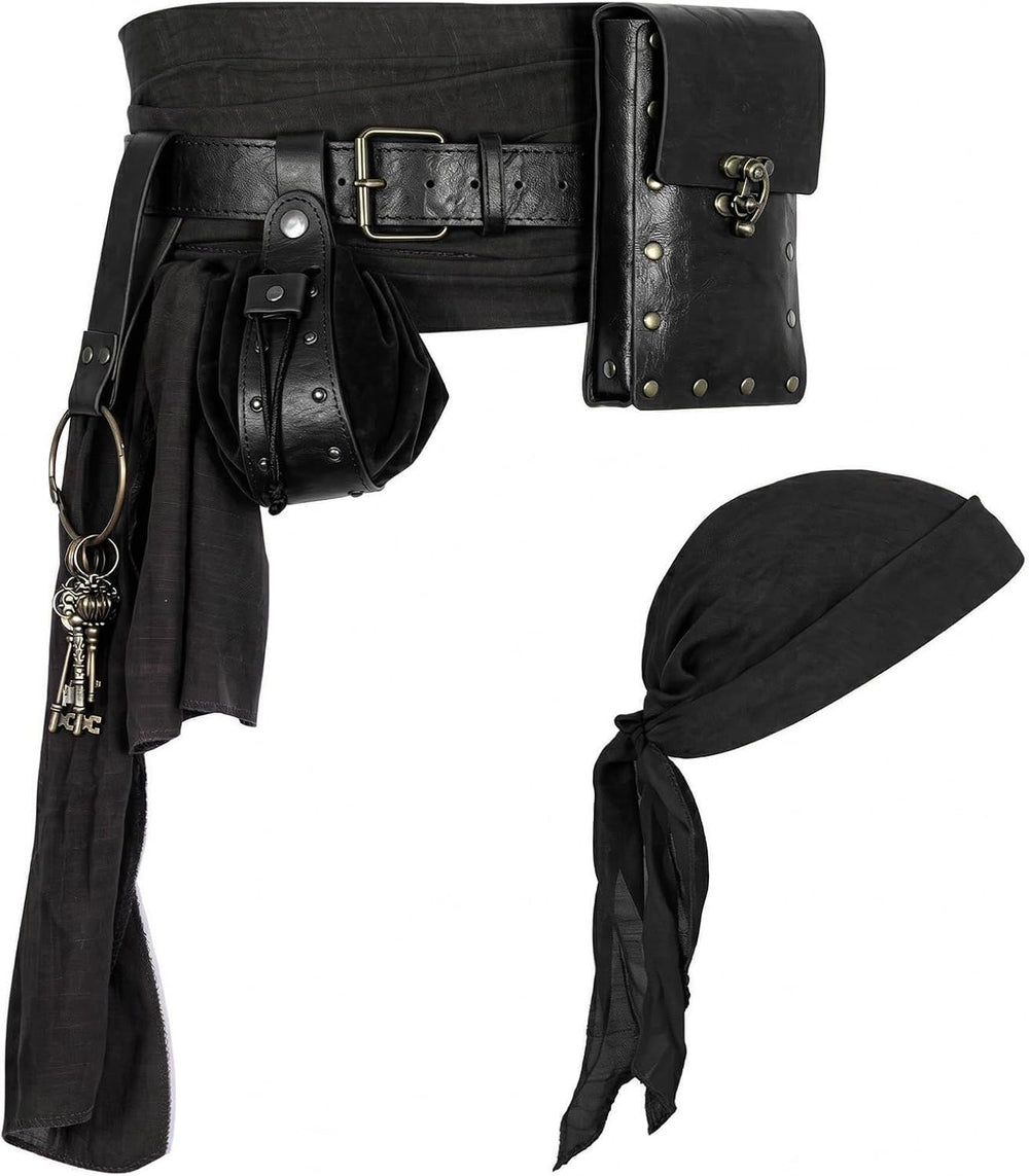 Renaissance Pirate Belt with Pouch Waist Bag, Pirate Head Scarf 6-Pack