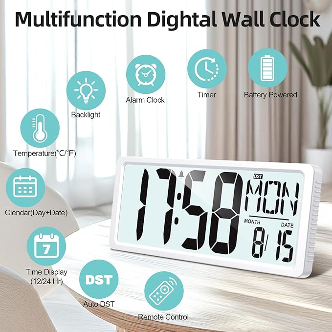 XREXS Large Digital Wall Clock Battery Operated