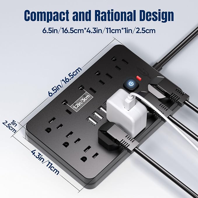 JouleLoom 2PCS 6 FT Flat Plug Surge Protector Power Strip, 11 Multiple AC