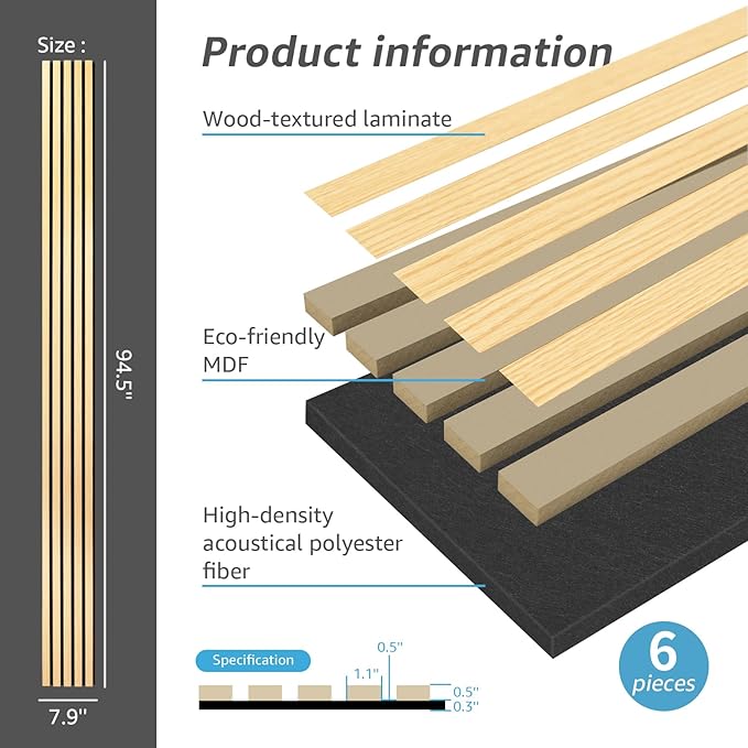 Art3d 6-Piece Wood Slat Acoustic Panels