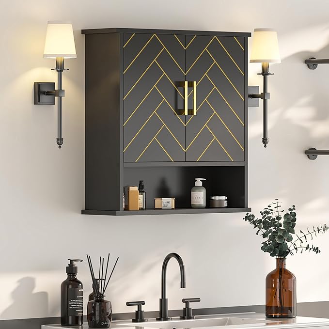 Black Chevron Pattern Bathroom Wall Cabinet, Modern Hanging Medicine Cabinet