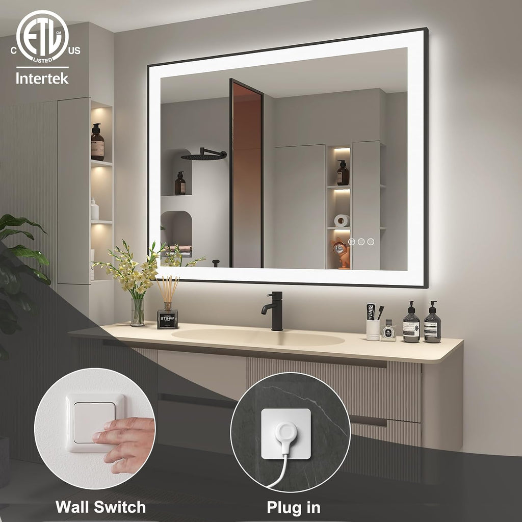 SMIROR 48x40 Black Framed LED Lighted Bathroom Vanity Mirror for Wall