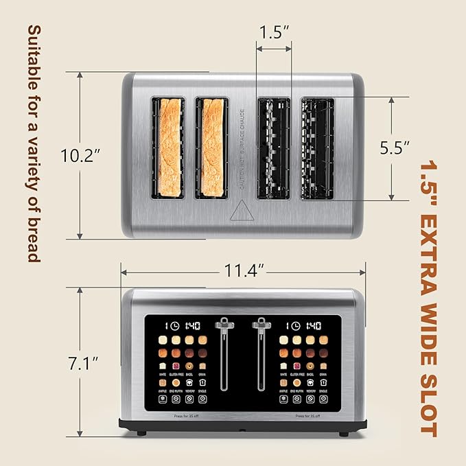 4 Slice Toaster Touch Screen, Stainless Steel Toasters Digital Timer, Dual