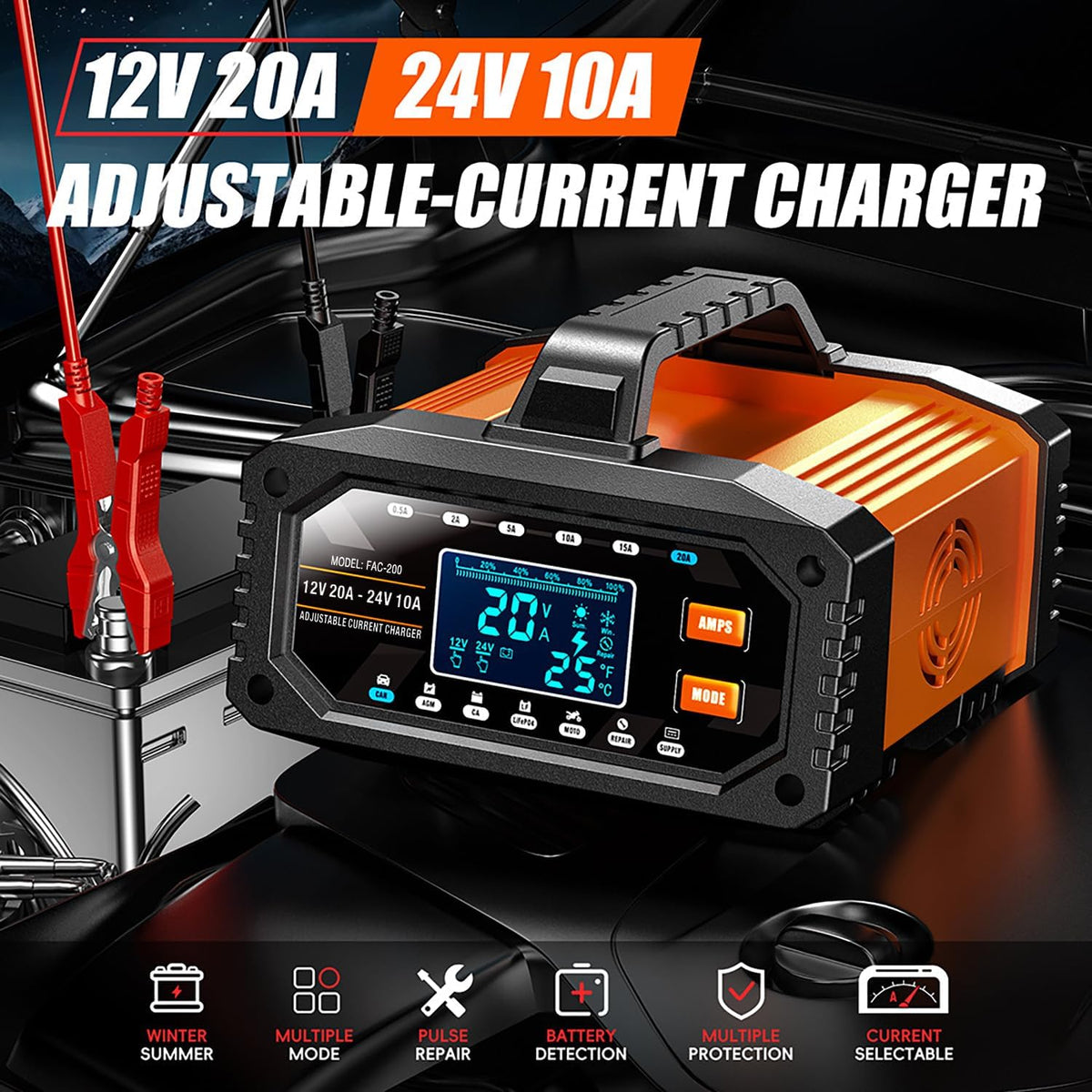 upgraded battery charger 0-20a 12v/24v adjustable current battery shown in use