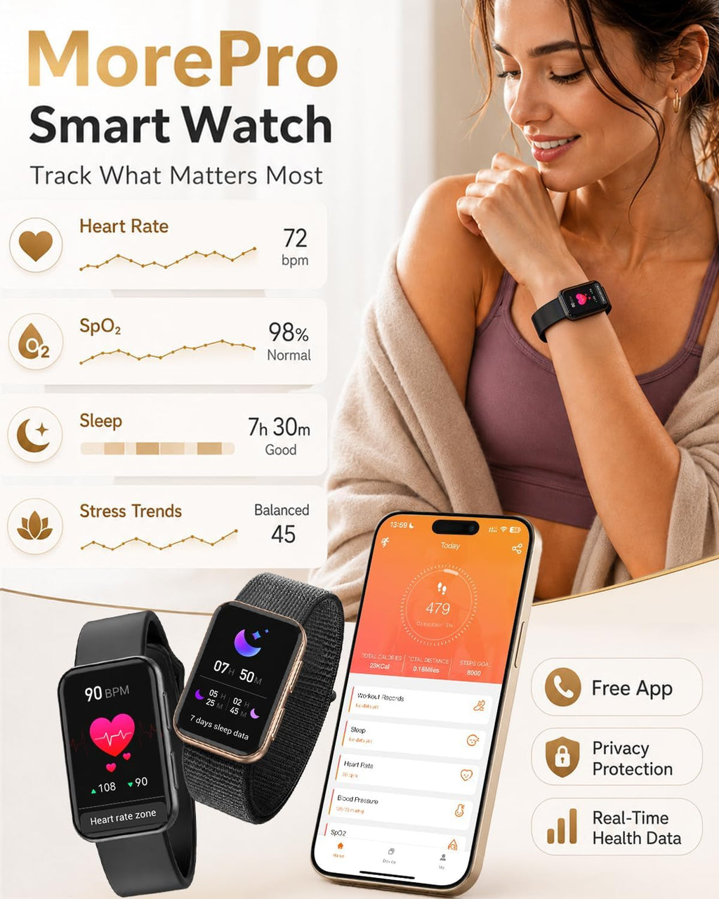 morepro fitness tracker watch with 24/7 heart rate/blood, close-up detail