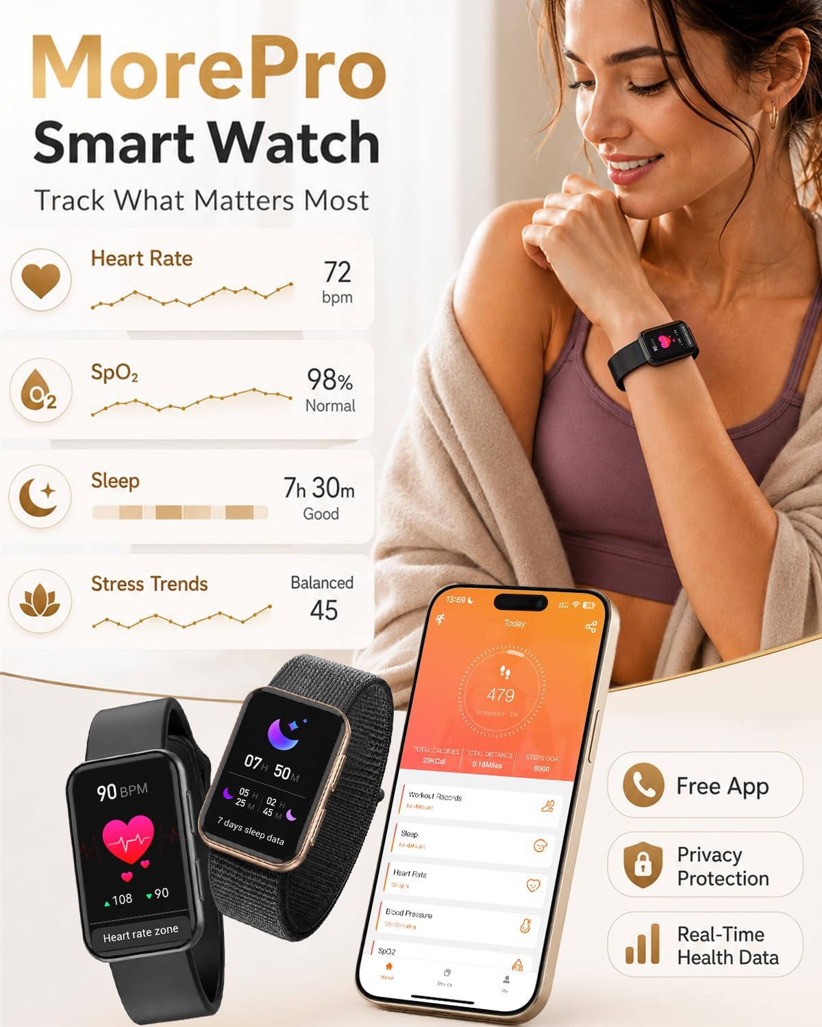 morepro fitness tracker watch with 24/7 heart rate/blood, close-up detail