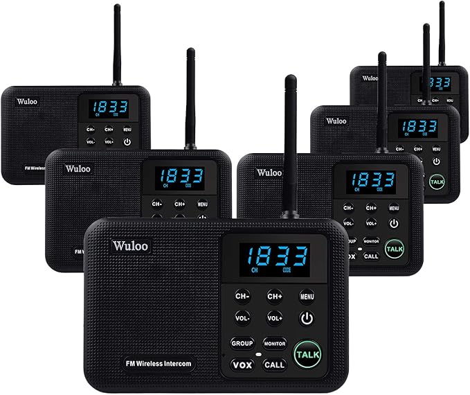 Wuloo Intercoms Wireless for Home 1 Mile Range 22 Channel 100 Digital Code (6 Packs)