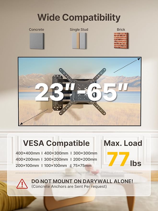 monTEK Long Arm TV Wall Mount for Most 23-65 Inch TVs, 37 Inch Long Extension