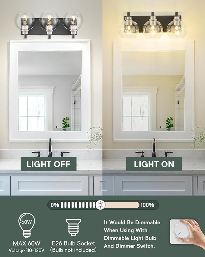 METWET Bathroom Light Fixtures, 3-Light Black and Brushed Nickel Bathroom