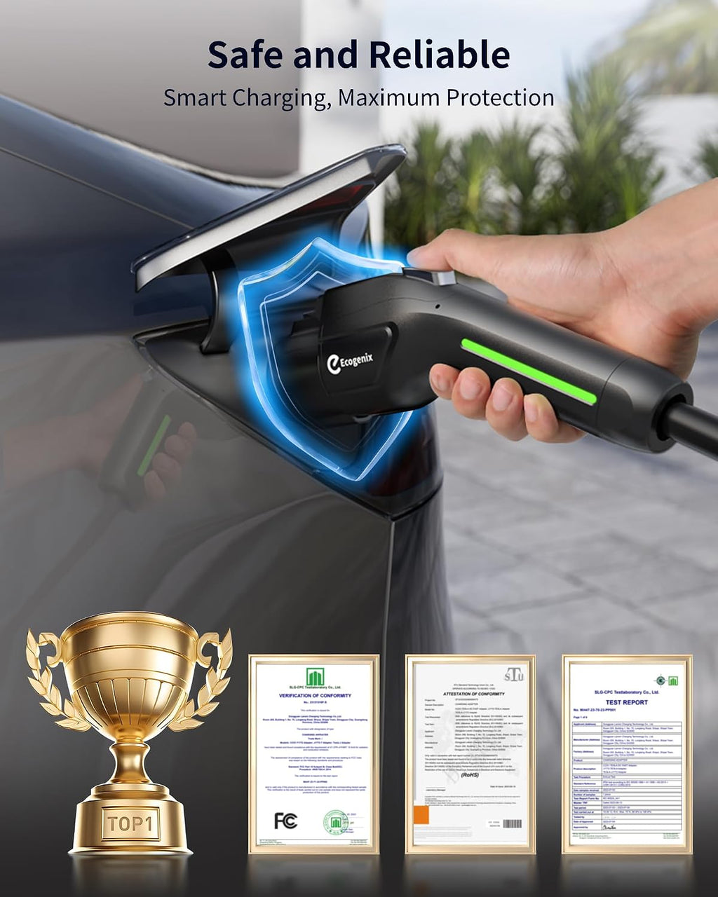 Ecogenix Level 1/2 EV Charger with Holder, 16A 25ft Cable Portable Mobile J1772 Charger, 110-120V 5-15 & 6-20 Plug, Home/Outdoor Charging Stations for All J1772 EV and Hybrid Vehicles