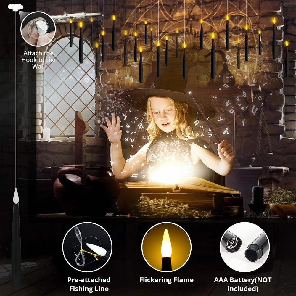 24Pcs Floating Candles with 2 Wand Remote Timer for Halloween Decor - Black