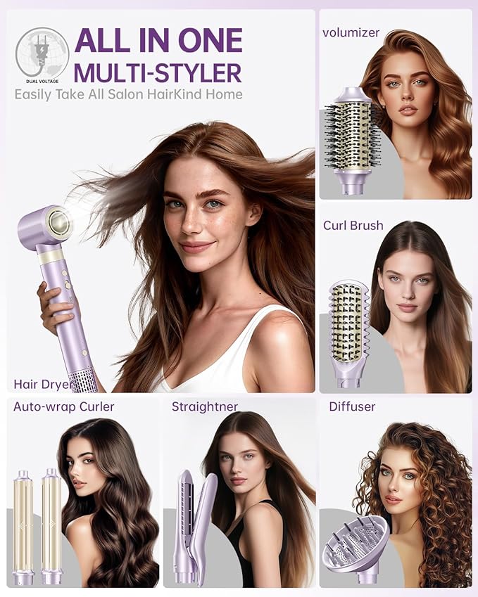 Hair Dryer Brush 8-in-1 Dual Voltage Hot Air Styler – Fast-Drying 110, 000 RPM