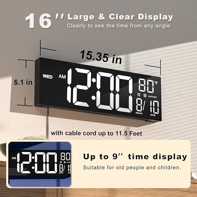 JALL 16" Large Digital Wall Mount Clock, Count Down Timer, Big LED, Temperature