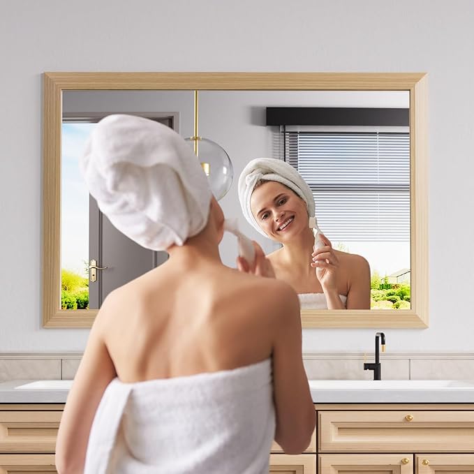 Amorho Bathroom Mirror for Wall, 48X32 Inch Oak Wood Grain Metal Framed Mirror