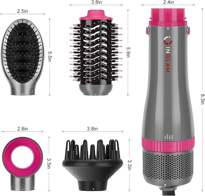 IG INGLAM 4 in 1 Blowout Brush, Negative Ion Detachable Hair Dryer & Styler